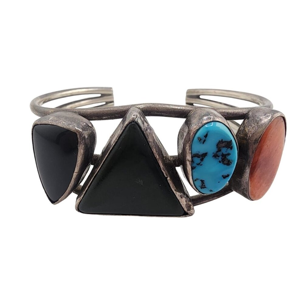 Heavy Sterling Wire Cuff with Semi Precious Cuff Bracelet Signed LB (A4951)